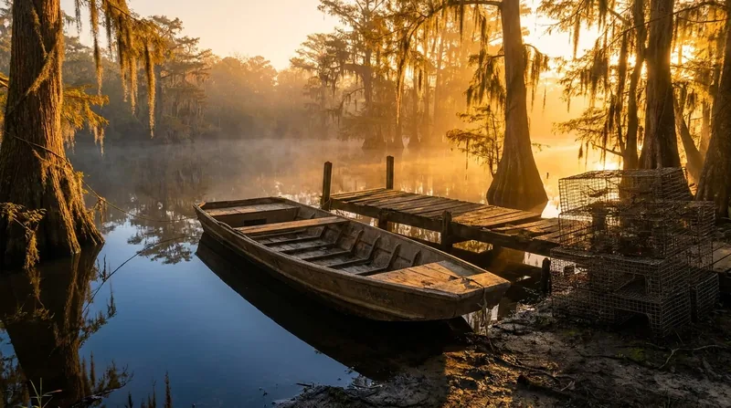 A flat-bottom boat at a weathered landing on a cypress swamp at sunrise, How to Start a Crawfish Farm in Louisiana