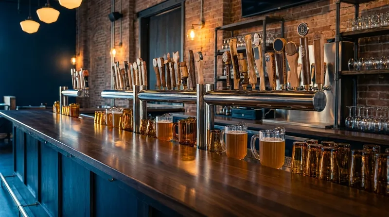 Tap handles and amber glassware on a polished bar in a brick taproom, Louisiana Bar Card