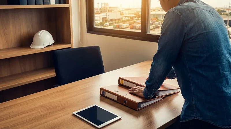 Small-business owner reviewing payroll and insurance folders at a tidy office desk, Louisiana Workers' Compensation Requirements for Small Businesses
