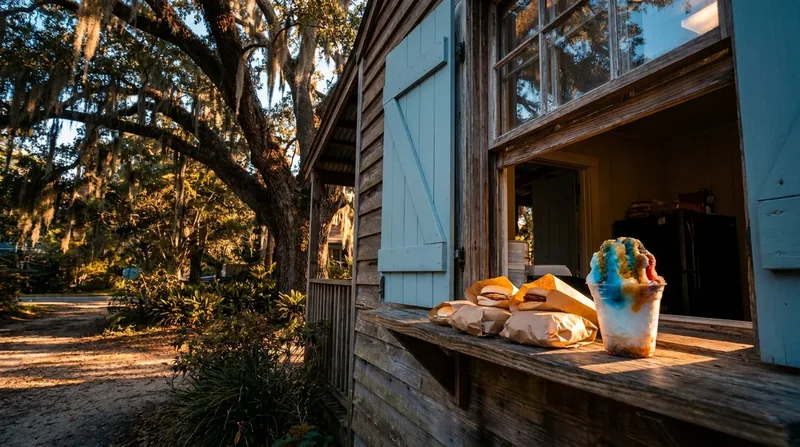 A small neighborhood Louisiana food spot: a po-boy counter and a pastel sno-ball stand window under a shady oak, How to Start a Sno-Ball Stand in Louisiana