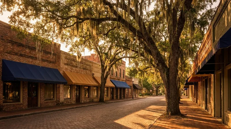 A small Acadiana downtown: brick storefronts with awnings, St. Landry Parish Business License and Sales Tax