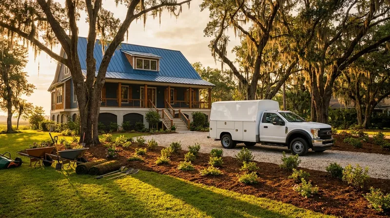 A clean white service truck parked by a raised Acadian-style home, How to Start a Landscaping Business in Louisiana
