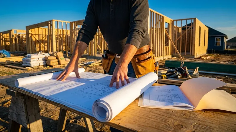 Contractor reviewing blueprints at a framed residential jobsite, How to Get a Contractor License in Louisiana (LSLBC)