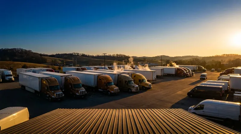 Box trucks and semis parked at a logistics yard at sunrise, How to Start a Moving Company in Louisiana